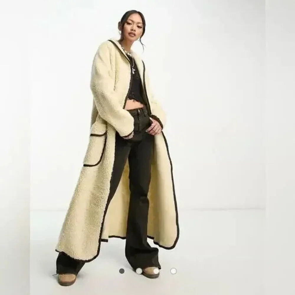 Free People Irresistible Teddy Cardi Maxi Jacket Pockets Oversized Ivory LARGE - Picture 4 of 9
